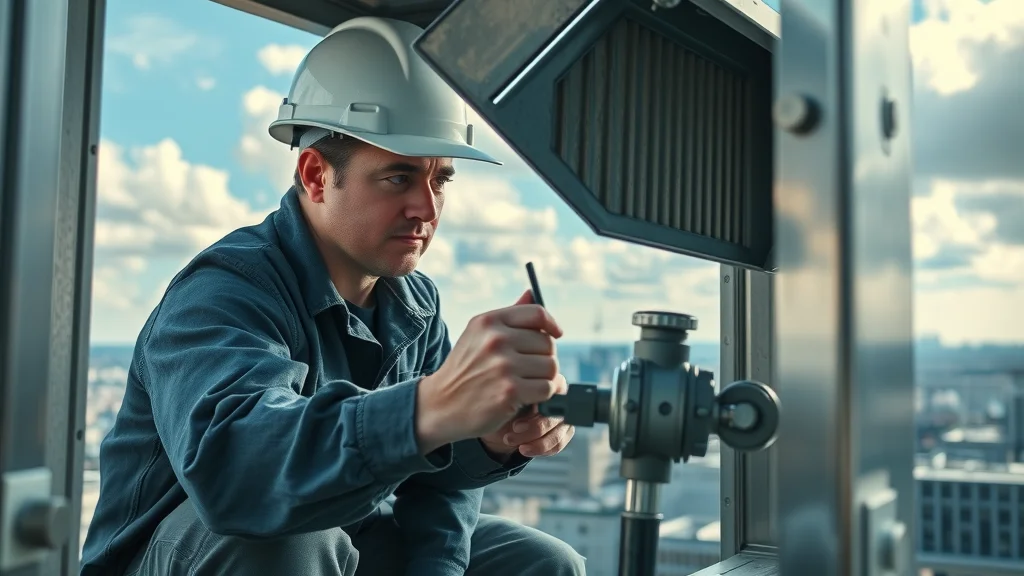 Close-up of HVAC damper mechanism, technician using inspection mirror to check actuator and air damper, rooftop unit, energy drain diagnosis