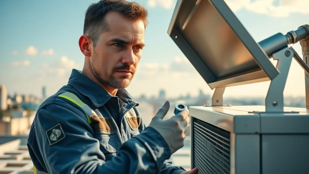 Professional HVAC technician using torque wrench on actuator linkage, rooftop air handler, fixing economizer & outside-air damper, pro-level diagnostics