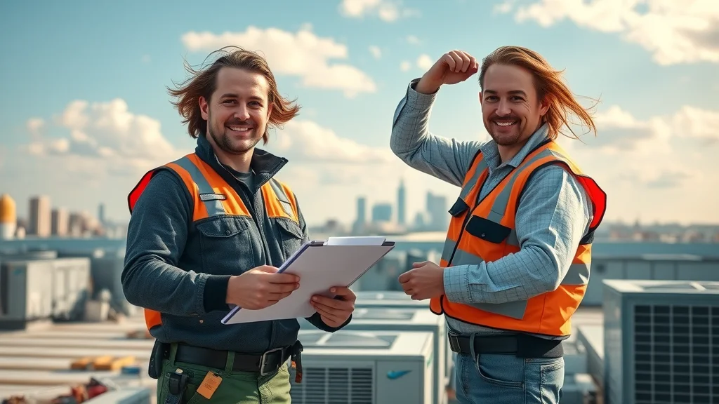 Routine rooftop HVAC maintenance, professional technicians inspecting damper and intake screens, energy savings, commercial rooftop unit